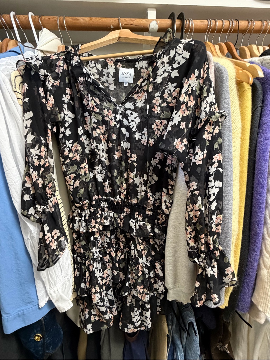 Misa Black Floral Ruffle Mini Dress - Pink & White Blossoms